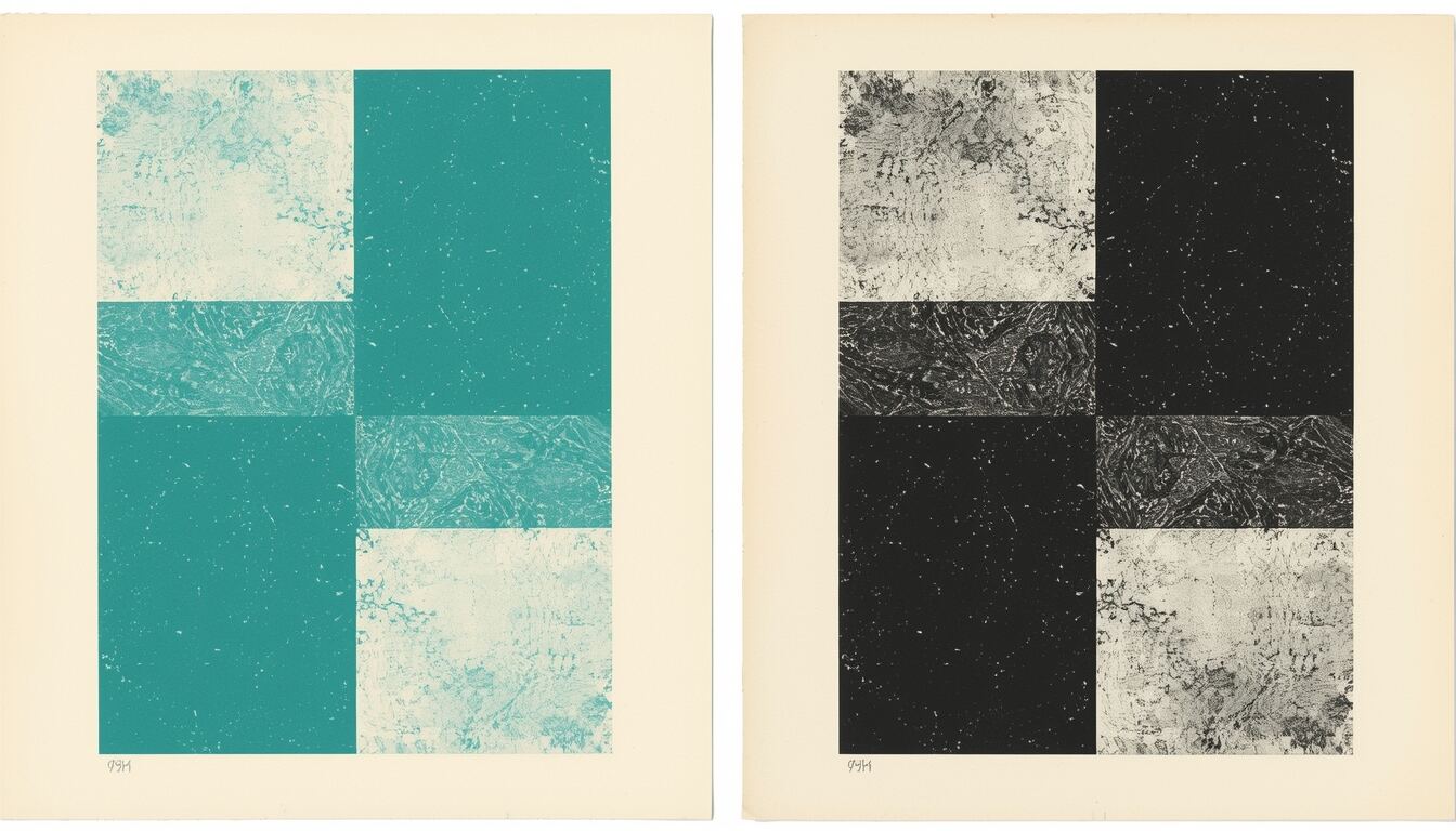Two overlapping blocks of teal and black print texture, abstract.